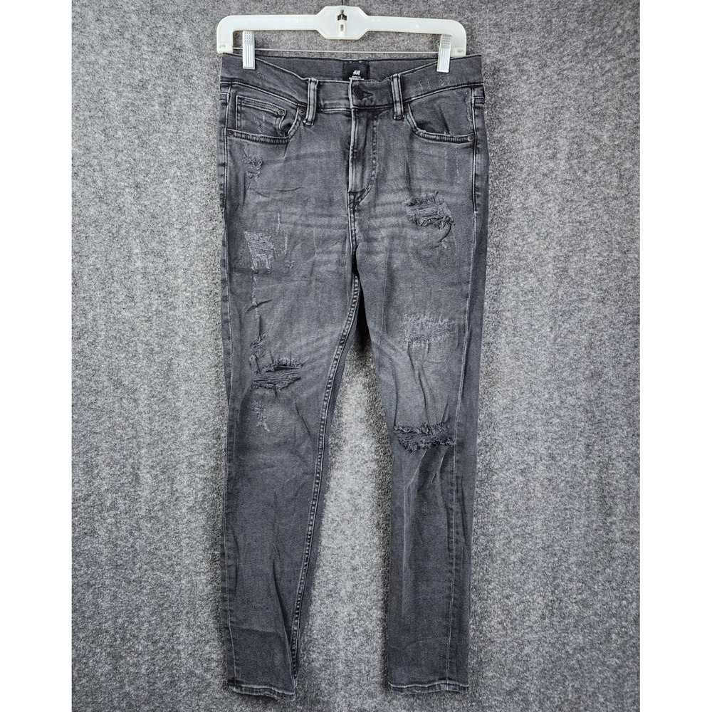 H&M Skinny Jeans Women Size 30 Washed Black Distressed Ripped Denim Mid Rise